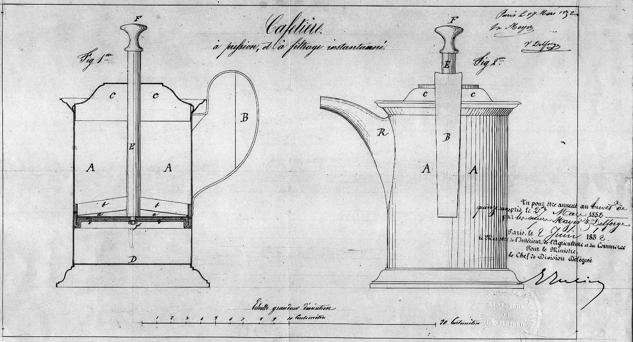 Ilustración de la cafetière por Mayer y Delforge (patente de 1852). Fuente: Wikimedia Commons, dominio público.